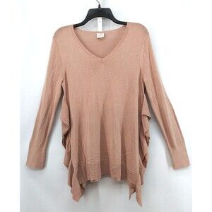 Cupio Sweater Womens Size M Pink V-Neck Long Sleeve Ruffle Sides Pullover Top